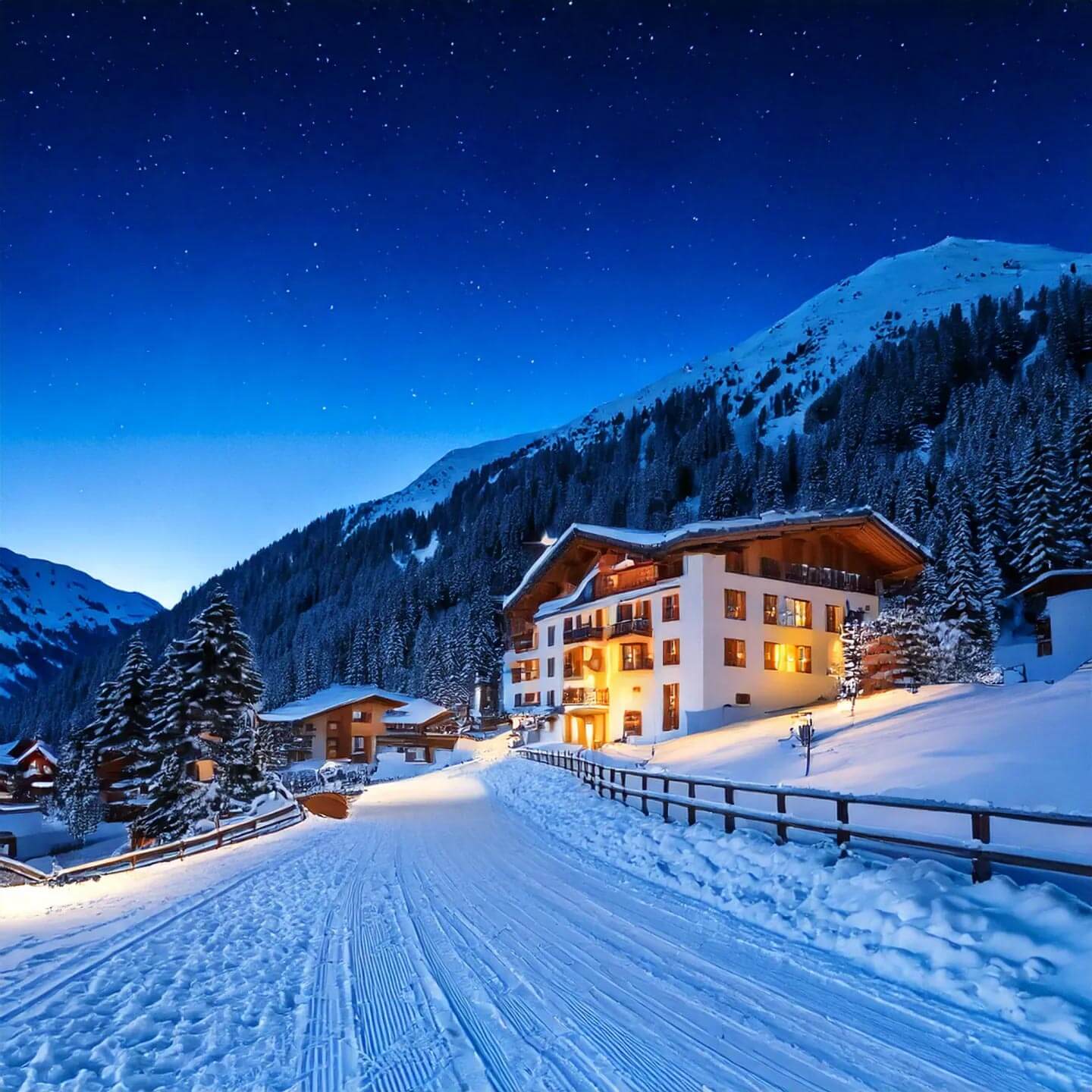 Hotel-Resort-in-einer-Winterlandschaft-im-Tirol